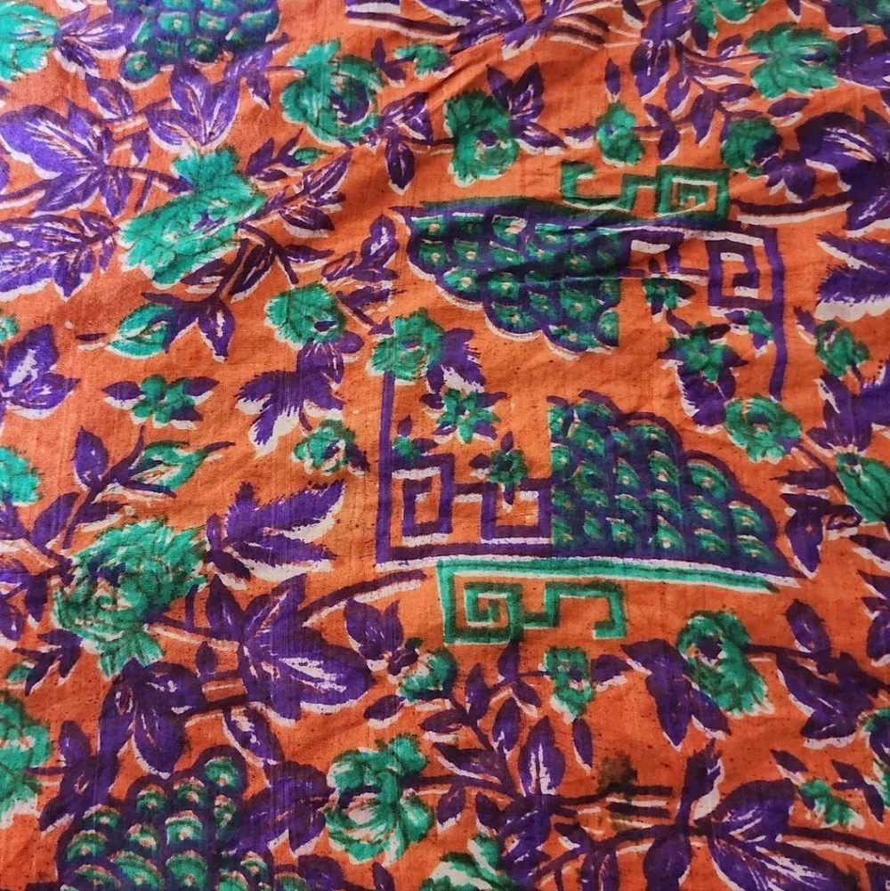 VINTAGE 60S SILK NECK SCARF MOD FLORAL GEOMETRIC ORANGE GREEN SQUARE MINI